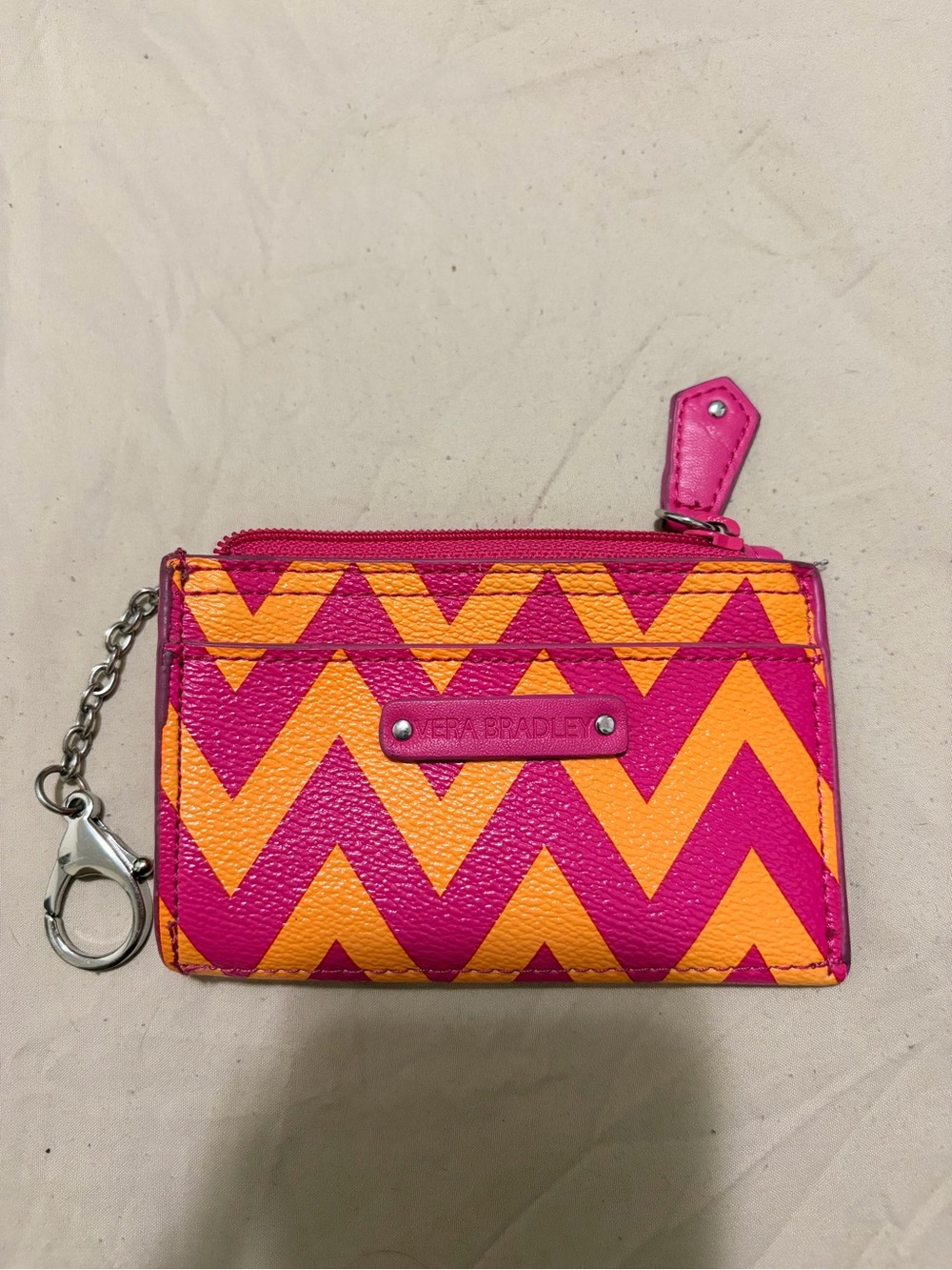 Vera Bradley Ziggy Zags Pink Orange Slim Coin Purse Card Holder Keychain